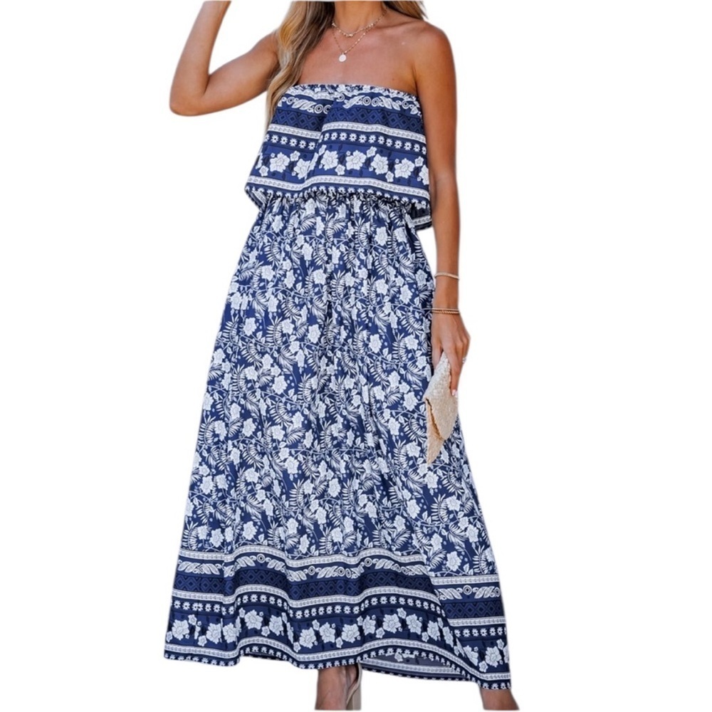 NWT CUPSHE Blue & White Sleeveless Floral Print Midi Tube Dress Size Small - Picture 2 of 4